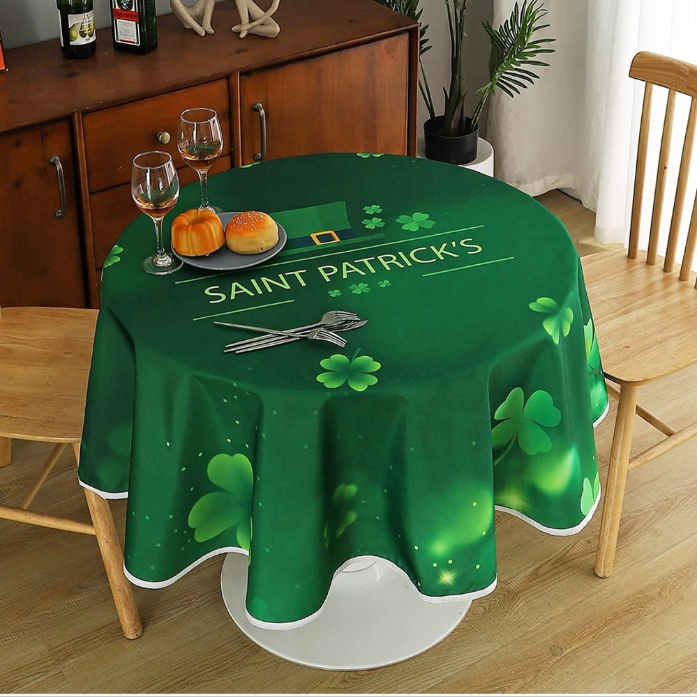 VICTREE Green St. Patrick's Day Round Tablecloth Holiday Wrinkle Resist Clover